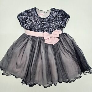 Bonnie Baby Girls Navy Blue Lace Beaded  Dress Toddler Size 18 Months